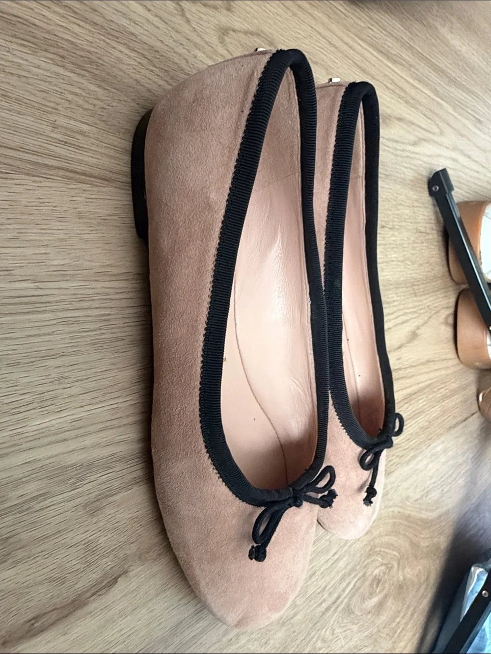 kate spade Pink Suede Ballet Flats with Black Trim and Bow